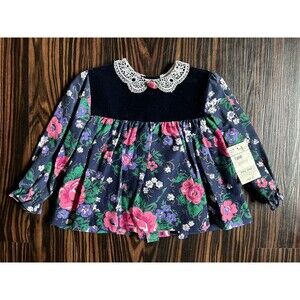 Vintage Jo Lene Floral Dress Velvet And Crochet Collar 18M NWT!